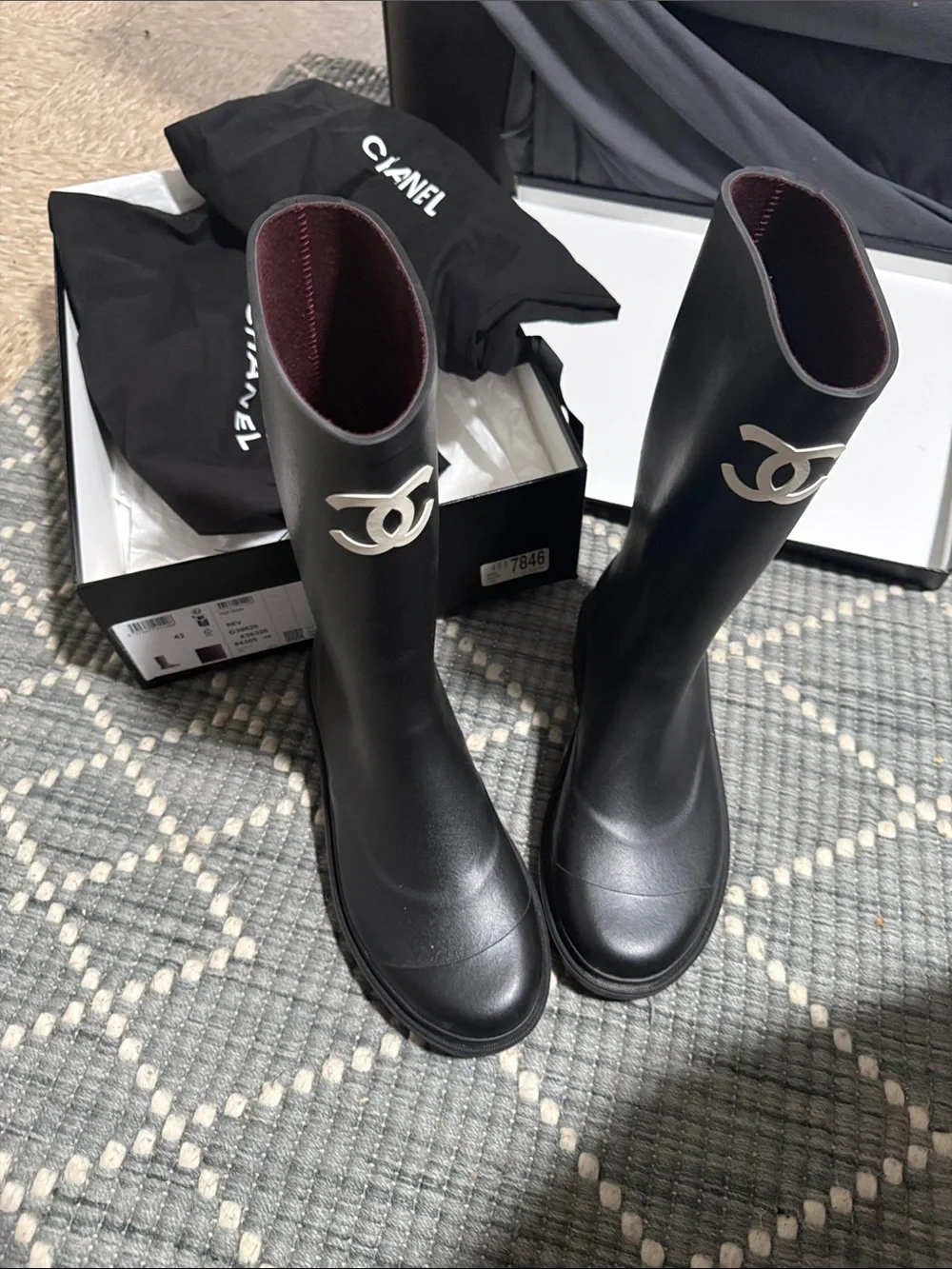 CHANEL Black Logo Knee-High Leather Boots